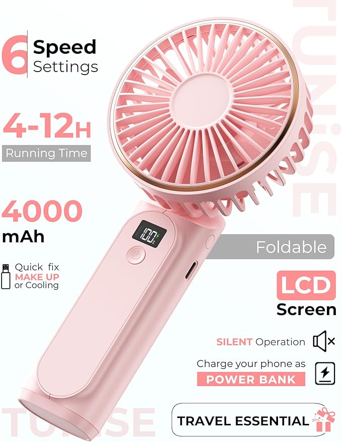 TUNISE Portable Handheld Fan, 4000mAh, 180 Adjustable, 6 Speed Wind, USB Rechargeable Foldable Fan with Real-Time Display