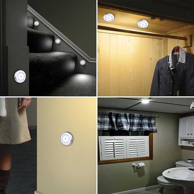AMIR Upgraded 3.15” Motion Sensor Light, Cordless Battery-Powered LED Night Light, Stick-Anywhere Closet Lights Stair Lights, Safe Lights for Hallway, Bathroom, Bedroom, Kitchen (White - Pack of 6)