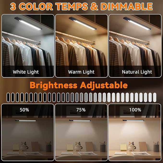 Under Cabinet Lighting Wireless, 15inch Rechargeable Motion Sensor Light Indoor, 3 Color Closet Light Battery Operated with LED Power Display, Magnetic Under Counter Lights for Kitchen (3Pack-Black)