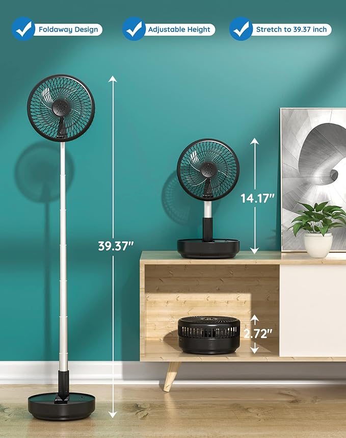 Primevolve Portable Fan, |21H Battery|7200mAh Rechargeable Oscillating Fan with Remote, Foldable Telescopic 7.7" for Travel Camping Cruise Hotel Bedroom, Black