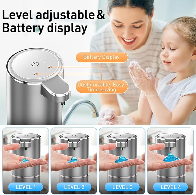 Fantictas Automatic Soap Dispenser Touchless Automatic Liquid Soap Dispenser 4 Adjustable 1500mAh Soap Dispensing Levels Wall Mount for Kitchen and Bathroom