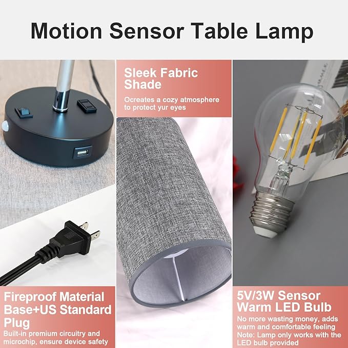 lifeholder Table Lamps with Motion Sensor and Constant on Two Modes, USB Lamp with Warm White Bulb, Fabric Shade, Built-in USB Port & AC Outlet - Bedside Table Lamp for Bedroom or Living Room