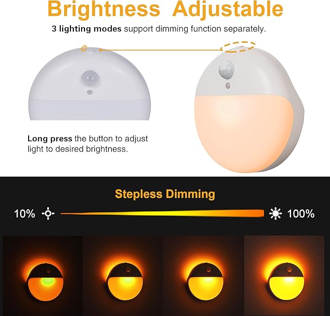 YUNLEX 2 Pack Amber Night Light, Battery Operated Night Light, 2.6" Small Sticky Lights, Dimming, 3 Light Modes, Motion Sensor Lights for Kids, Baby, Sleep, Bedroom, Bathroom, Toilet, Travel, Stairs