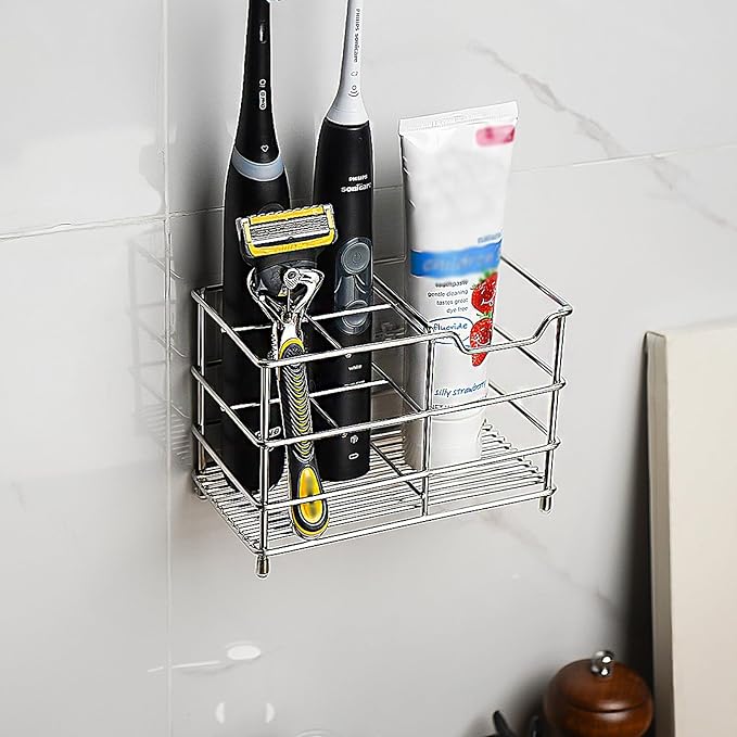 Stainless Steel Toothbrush Holder Stand, 5 Slots Toothpaste Holder for Shower, Bathroom, Multifunctional Organizer for Toothpaste Tooth Brush (Silver)