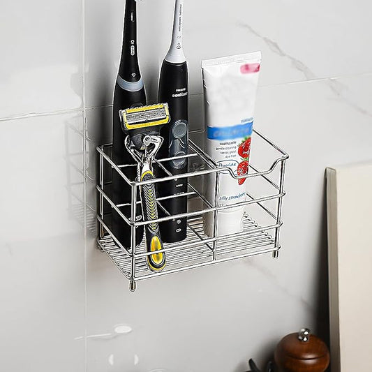 Stainless Steel Toothbrush Holder Stand, 5 Slots Toothpaste Holder for Shower, Bathroom, Multifunctional Organizer for Toothpaste Tooth Brush (Silver)