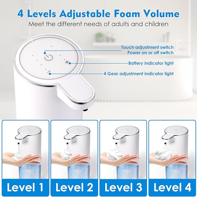 XINKORA Automatic Foaming Soap Dispenser, Touchless Foam Hand Soap Dispenser for Bathroom, 4-Level Adjustable,13.5oz/400ml, Wall Mounted, Rechargeable