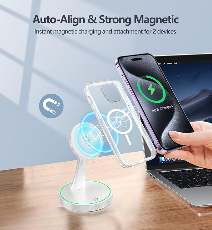 2 Pack Magnetic Wireless Charger Stand 15W Fast Mag-Safe Charger for iPhone iPhone 17 /17 pro/ 17 Air/ 17 pro max 16/15/14/13/12 Series Magnet Wireless Charging Station with Light for AirPods