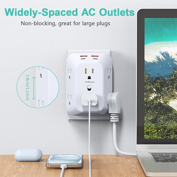 Multi Plug Wall Outlets, 6-Port Outlet Extender with 4 Charging USB Ports (2 USB A, 2 USB C), 4 Sided 1050J Surge Protector wall Plug Adapter Reserved for Home Travel and Office use