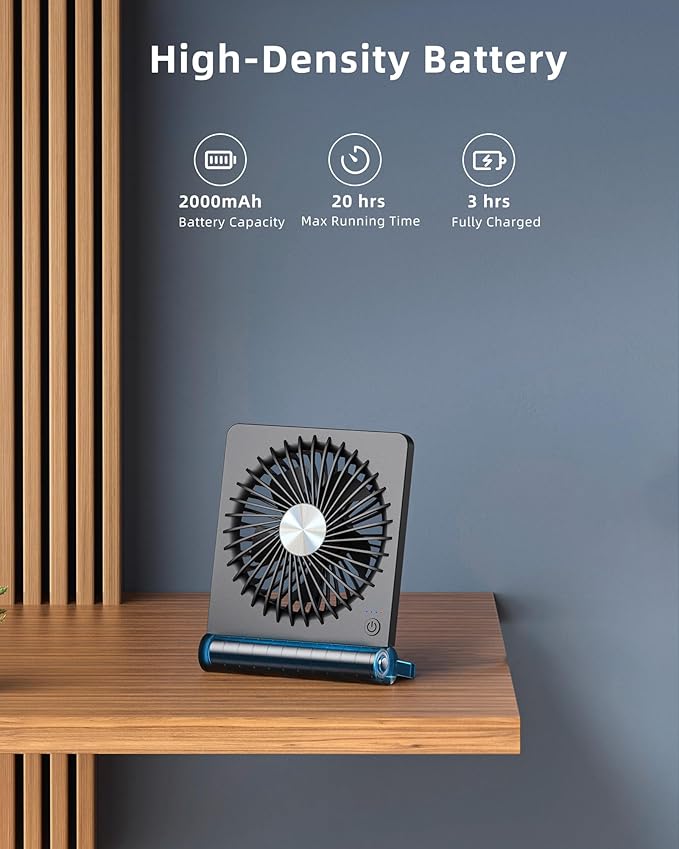 Koonie Portable Desk Fan, 3.5-20hrs Battery Operated Small USB Fan with Ultra Quiet 220° Tilt Folding, Rechargeable Personal Fan with 3 Speeds Strong Wind for Home Office Desktop, Black