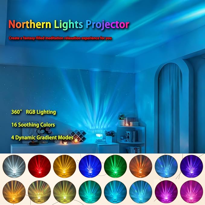 Northern Lights Projector, 16 Colors Rechargeable Aurora Light Projector & Mood Lighting Galaxy Lamp, Remote Night Light for Bedroom, Gift for Teenage Girls Room Decor (Battery)