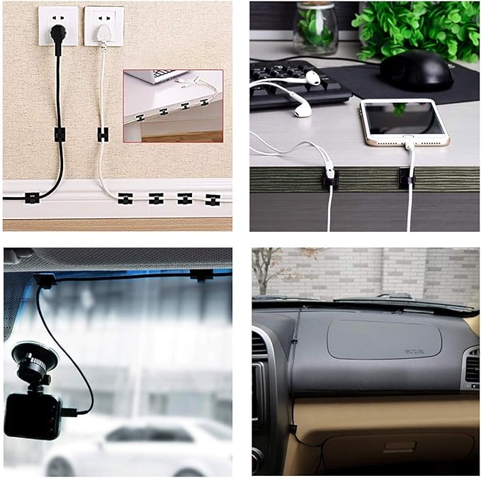 100pcs Self with 3M Adhesive Cable Clips Wire Holders Cord Organizer Cable Clamp Management Sticky for Office Home Car Desk Tables PC Laptop TV Wall, Black