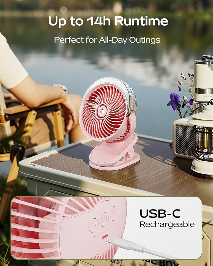 SWEETFULL Portable Misting Clip On Fan, USB-C Rechargeable Mini Personal Cooling Fan with 4 Speeds, 360° Rotatable, Quiet Cooling for Outdoor, Camping, Golf Cart, Travel, Stroller & Desk (Pink)