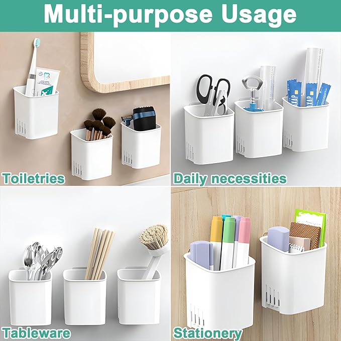 2 Pcs Toothbrush Holder Wall Mounted, No Drilling Toothbrush Holders for Bathroom, Shower Electric Toothbrush and Toothpaste Razor Holder Removable Self Draining for Bathroom Kitchen (White)