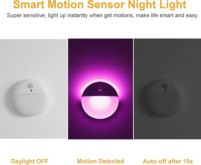 YUNLEX 2 Pack Purple Battery Night Light, Motion Activated Night Light, 2.6" Small Sticky Lights, 3 Light Modes, Dimmable Calming Glow for Meditation, Relaxation, Bathroom, Bedroom, Travel, Violet