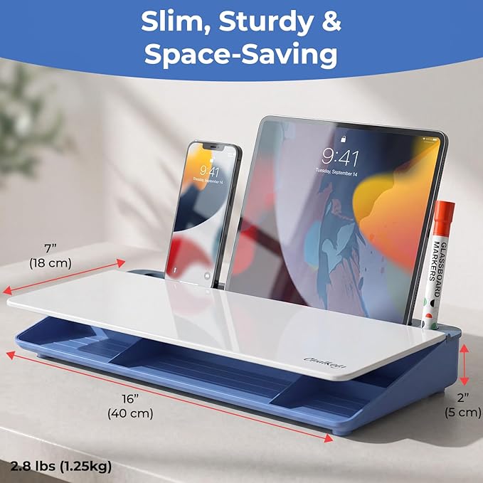Chalkola Blue Glass Desktop Whiteboard with Storage - Dry Erase Board, Work Desk Organizers, Computer Keyboard Stand, Home Office Desk Accessories, Workspace Desktop Buddy