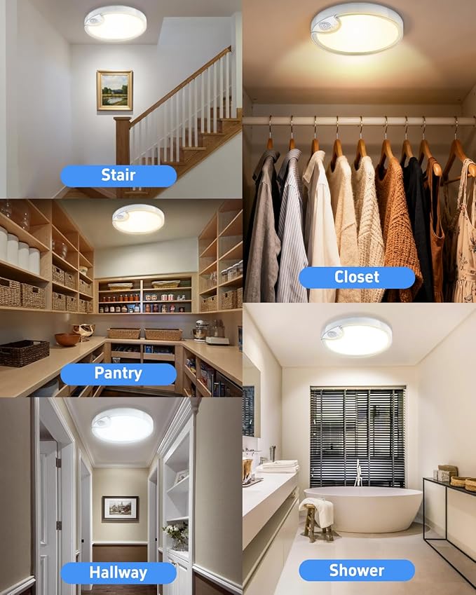 Rechargeable Motion Sensor Closet Light - IP54 Waterproof Shower Light Indoor, Wireless Battery Operated Ceiling Lights, 3CCT Cordless Motion Activated Light for Shower Bathroom Stairs Hallway