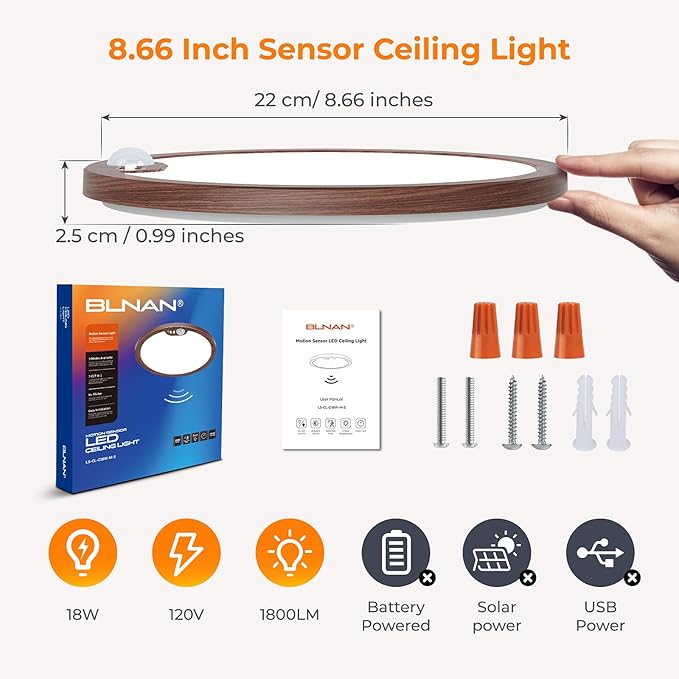 BLNAN Motion Sensor Ceiling Light Wired, 8.7 Inch 3000K 4000K 5000K Selectable LED Flush Mount Light Fixture, Motion Activated Light with Timer for Hallway Stair Walk-in Closet, Non-Dimmable - Walnut