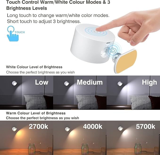 Deyagoo LED Wall Sconce, Wall Mounted Lamp with Rechargeable Battery Operated 3 Color Temperature & 3 Brightness Level 360°Rotate Magnetic Ball, Cordless Wall Light for Reading Bedside-White