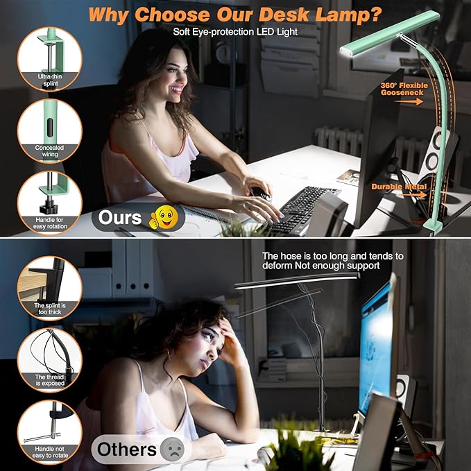 Airlonv LED Desk Lamp for Office Home, Eye-Caring Desk Light with Stepless Dimming Adjustable Flexible Gooseneck, 10W USB Adapter Desk Lamp with Clamp for Reading, Study, Workbench (Mint Green)