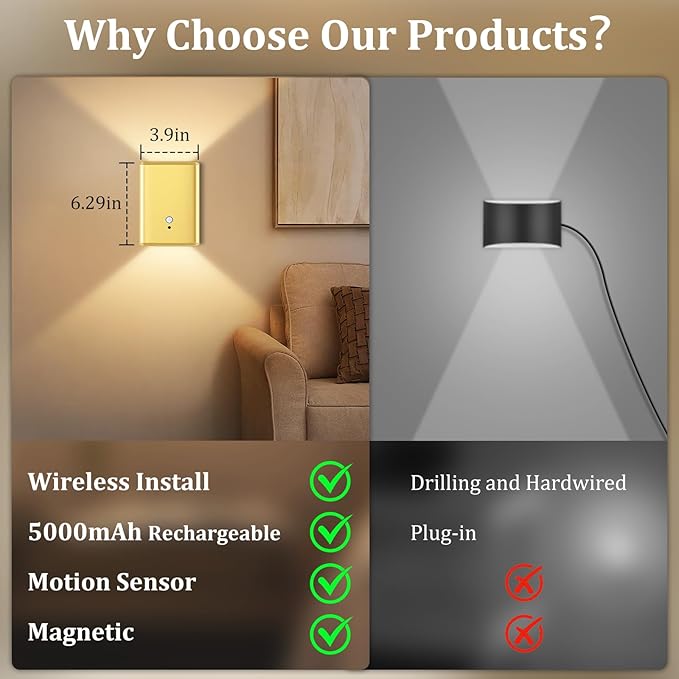 Battery Operated Wall Sconce Set of 2: 5000mAh Rechargeable Motion Sensor Night Light Indoor, 3CCT Dimmable Wireless Wall Lights Magnetic LED Up and Down Wall Lamp for Bedroom Closet Stair, Gold