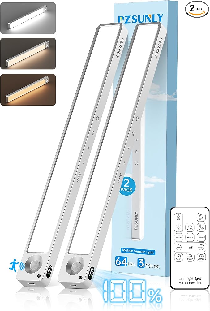 14.2inch Under Cabinet Lighting Wireless,Rechargeable Motion Sensor Light Indoor,3 Colors Dimmable,Magnetic Closet Lights with Remote,Under Counter Lights for Kitchen,Silver 2Pack