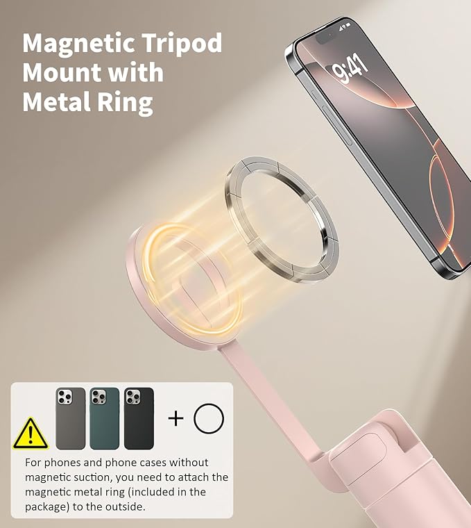 TONEOF 68" Magnetic Selfie Stick Tripod with Aluminum Strong Magnetic Holder for Magsafe, 360° Rotatable Travel Phone Tripod Stand with Metal Ring & Rechargeable Remote for iPhone/Android（Pink）