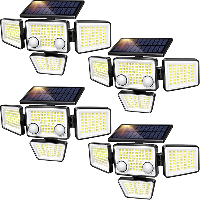 LYWALT Solar Lights Outdoor - 3000LM 188 LED Motion Sensor Outdoor Lights, 4 Heads IP65 Waterproof Powered Security Flood Lights, 270°Wide Lighting Angle Wall Light with Sensors for Backyard (4 Pack)