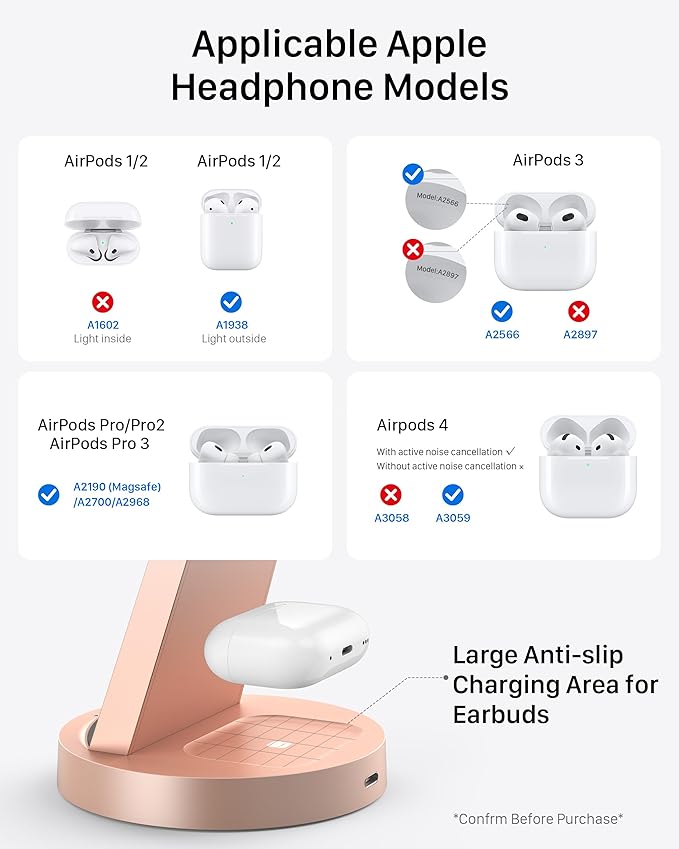 Anlmz 3 in 1 Charging Station for iPhone, Wireless Charger for iPhone 17 16e 16 15 14 13 12 11 X Pro Max & Apple Watch - Charging Stand Dock for AirPods (Rose)