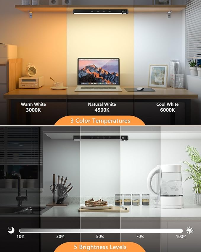 WILLED Under Cabinet & Closet Lights, Motion Sensor, Rechargeable, Magnetic, 3 Color Temps, Dimmable LED Light Bar for Indoor Kitchen Counter (2 Pack, Black)