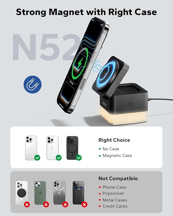 KPON 3 in 1 MagSafe-Compatible Charging Station for Apple, Nightstand Fast Wireless Charger, Foldable Cube, Charging Stand with Night Light, for iPhone 17/16/15/14/13/12, Apple Watch/AirPods, Black