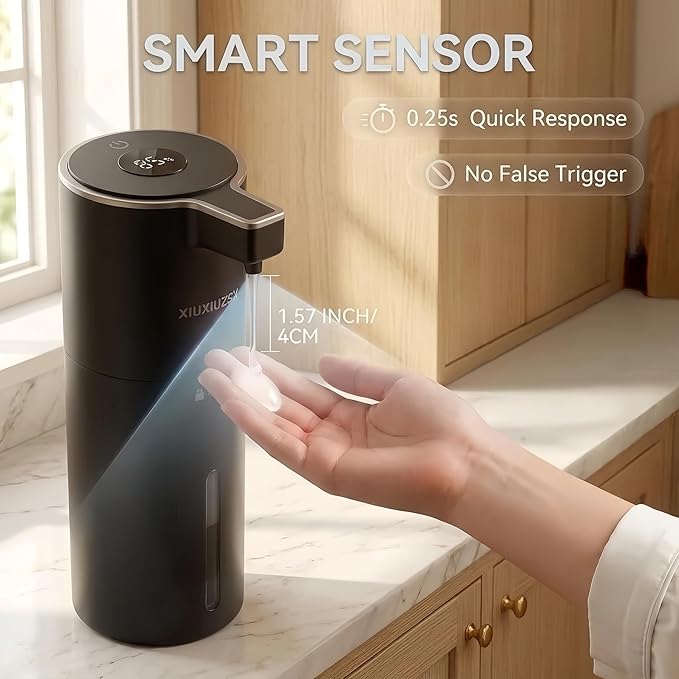 Automatic Foaming Soap Dispenser Touchless Upgrade Pump Uneasy Plugging Wall Mounted USB Rechargeable, 4-Level Adjustable 13.52oz Modern Electric Hand Soap Dispenser Kitchen Bathroom Kids Family Black
