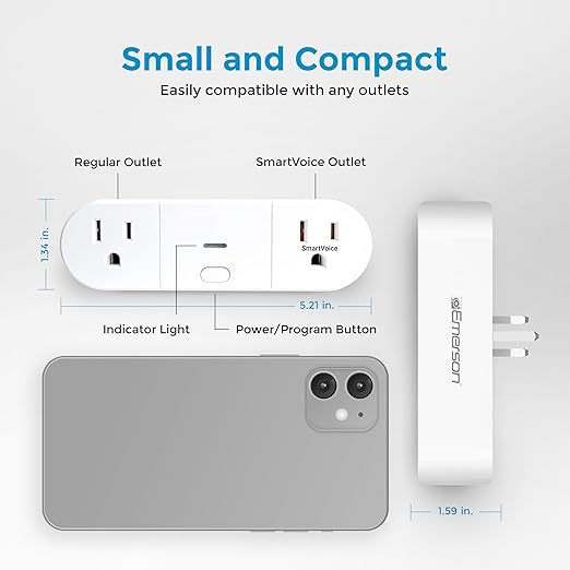 Emerson SmartVoice 2-in-1 Dual Smart Wall Plug Outlet, Voice Control, No WiFi or App, Outlet Extender with Sleep & Wake Timer, Hands-Free Control, ETL Listed
