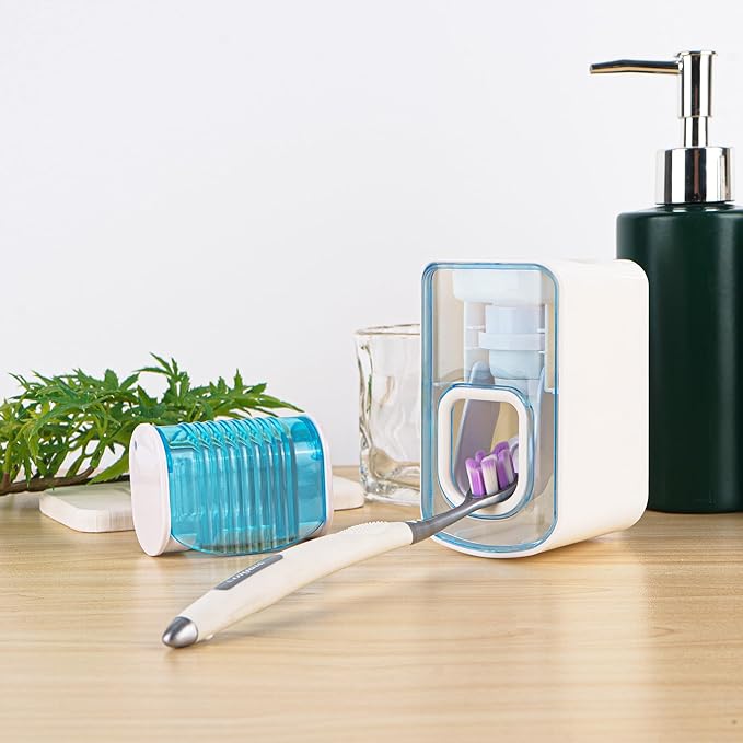 2 Slots Wall Mount Toothbrush Holder with Cover, Self Adhesive Toothbrush Storage Organizer for Shower, Toothbrush Hanger with Automatic Toothpaste Squeezer Dispenser(Blue)