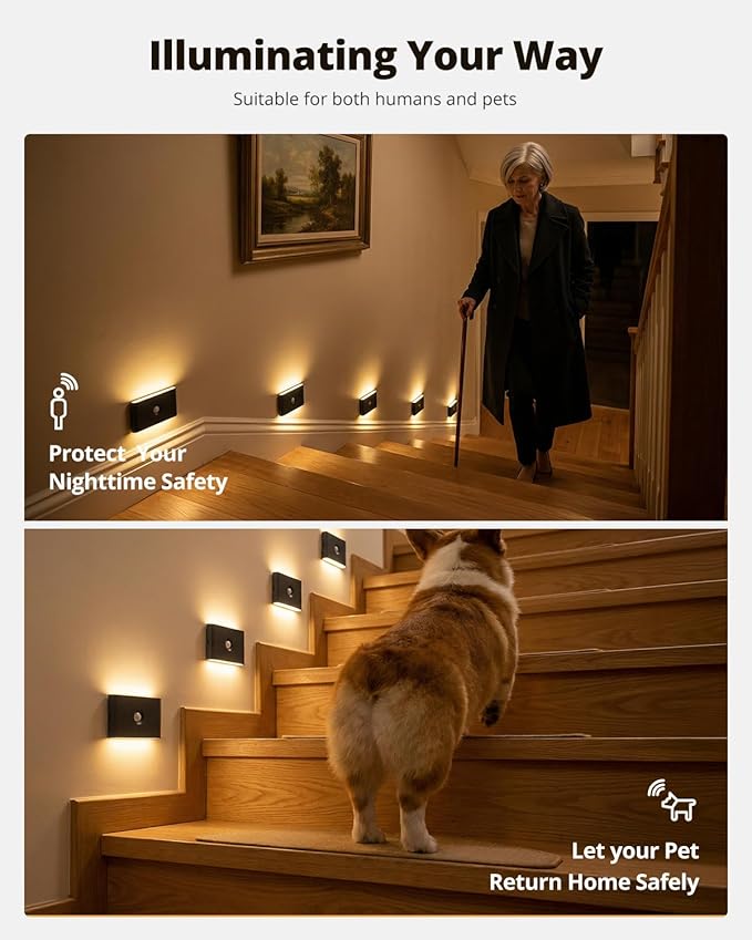wowatt 3CCT Rechargeable Stair Lights Indoor, Black Stairway Lights Indoor with Magnetic Mount, Dimmable Stair Lights Motion Sensor for Stairway, Hallway, Kitchen, Bathroom(6 Packs)