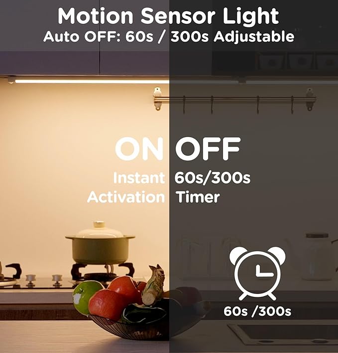 Leetdud Under Cabinet Lighting Plug in 12 Inch, 120V Motion Sensor Lights Indoor, 3CCT 3000/4000/5000K, Aluminum Linkable Super Bright LED Counter Light with Timer for Kitchen, Shelf, Closet, 4 Pack