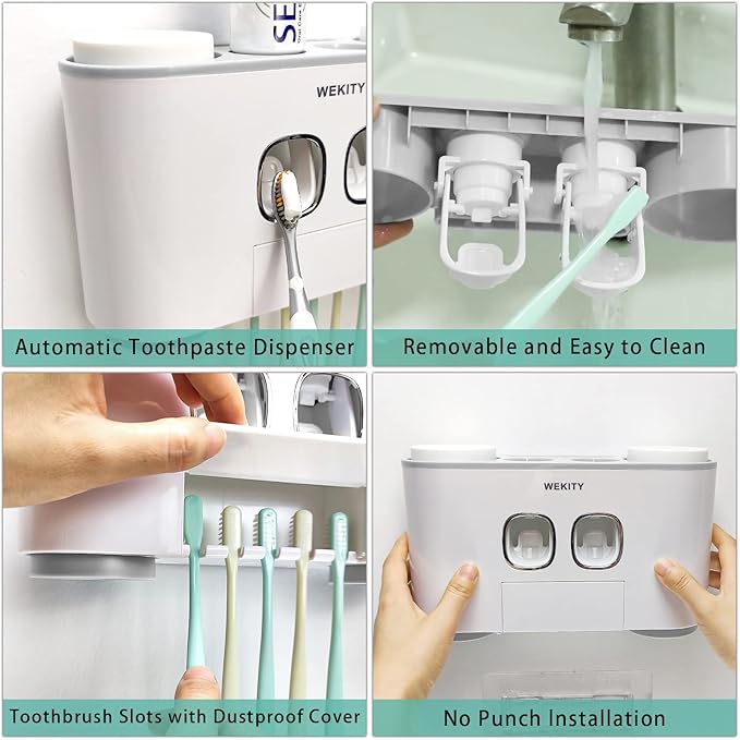 Toothbrush Holder WREWING Multi-Function Wall-Mounted Automatic Toothpaste Dispenser and Dust-Proof Toothbrush Holder with 5 Brush Slots 4 Cups 2 Automatic Toothpaste Dispensers 1 Storage Slot (Grey)