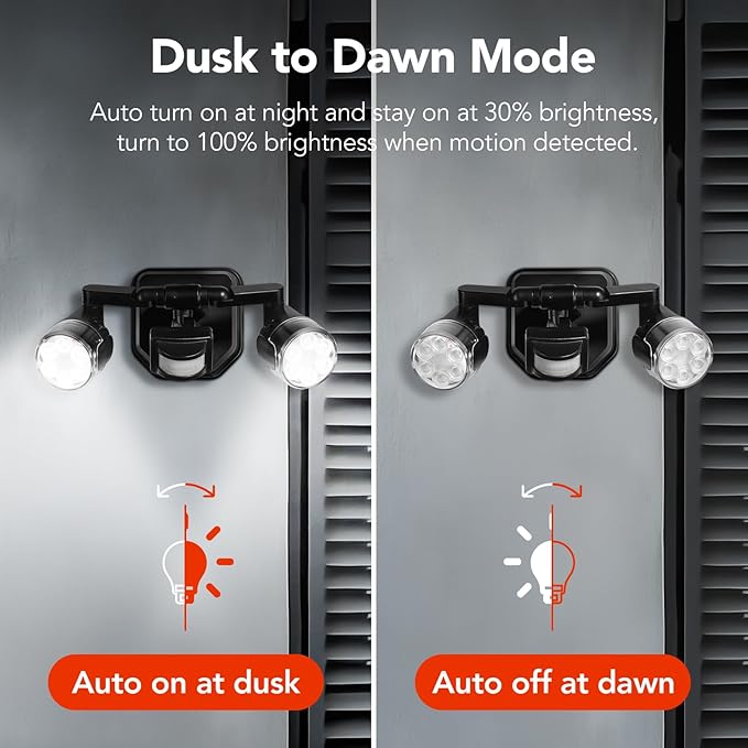 OREiN Outdoor Motion Sensor Security Light, 450° Adjustable 3-Head Floodlight, 2500 Lumens Bright Hardwired Dusk to Dawn Light, IP65 Waterproof, Black