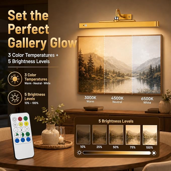 TANBABY 6000mAh Rechargeable LED Picture Lights with Motion Sensor, 3 Color Temps & 5 Levels Brightness Art Light, Cordless Remote Control Magnetic Wall Light for Hallway, Living Room(Gold-2Pack)