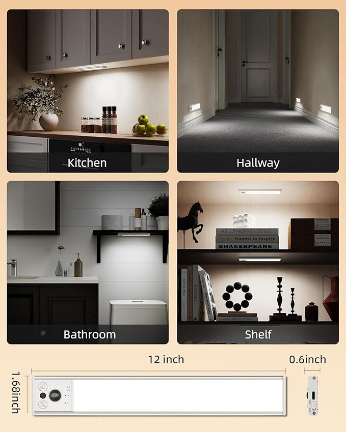 EZVALO 12inch Under Cabinet Lighting, LED Motion Sensor Light Indoor, 3100mAh USB Rechargeable Closet Lights, Dimmable & Magnetic Wireless Under Counter Lights for Kitchen, Pantry, Stairs (2 Pack)