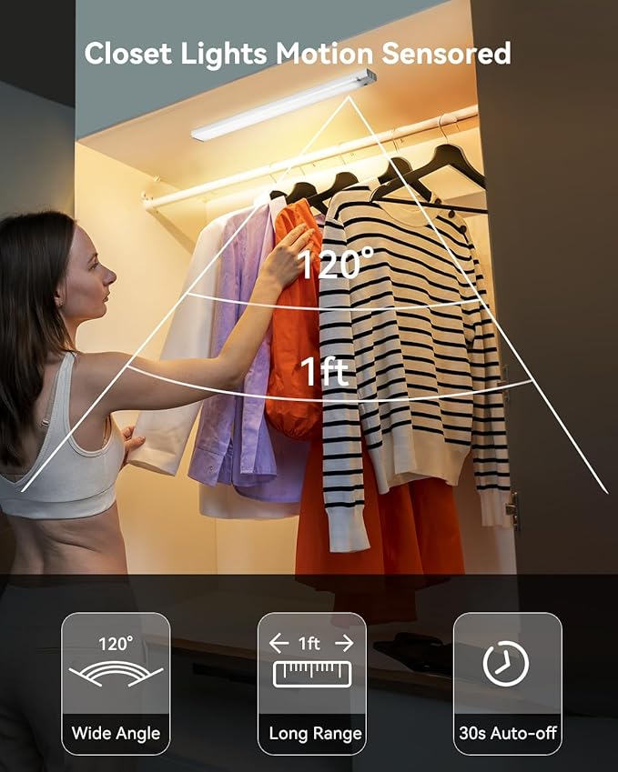 12 Inches Under Cabinet Lighting 3 Packs, Rechargeable Motion Sensor Light Indoor, 3 Color Temps, Dimmable Closet Light Stick on, Under Counter Lights for Kitchen