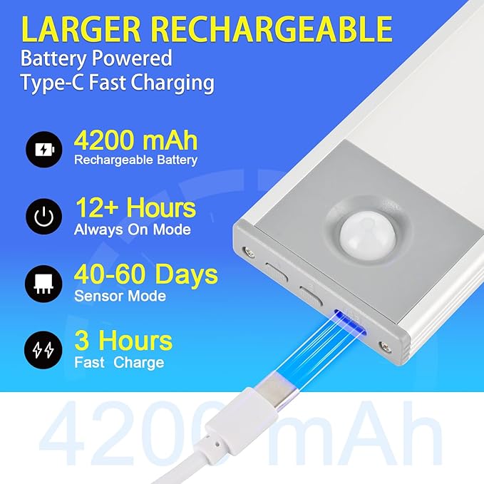Under Cabinet Lighting, 4200mAh Rechargeable Motion Sensor Light Indoor, 240lm Wireless Under Cabinet Lights, Magnetic Battery Operated LED Closet Light for Kitchen Stair (11 Inch, Cool White, 2 Pack)