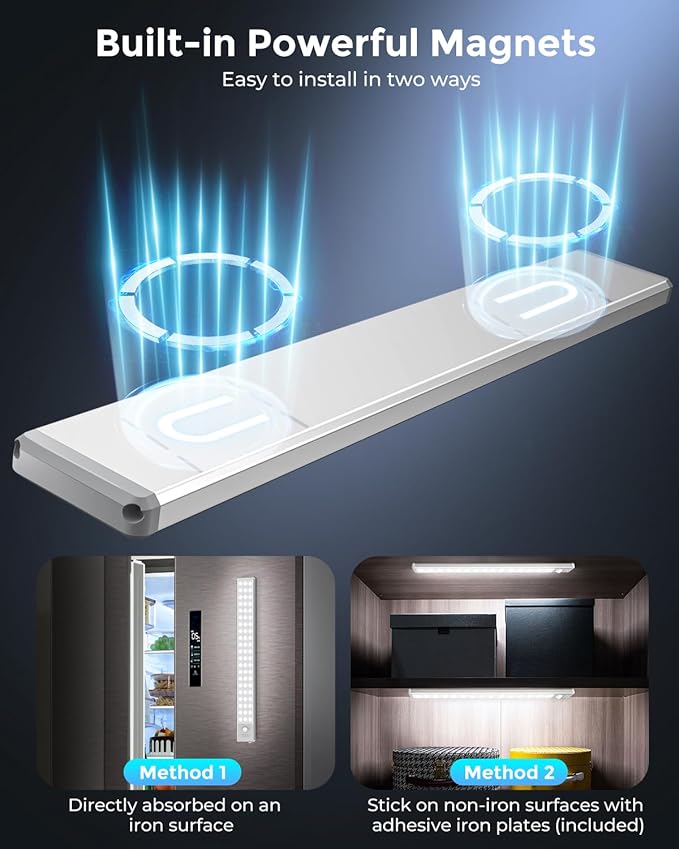 Under Cabinet Lighting with 3 Color Temps - 14.7" Motion Sensor Light Indoor, Magnetic Wireless Closet Lights, Dimmable Led Light, Rechargeable Under Counter Lights for Kitchen, Bedroom, Stair, 2 Pack