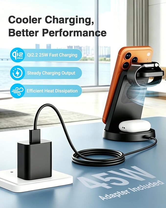 25W Magnetic 3-in-1 Wireless Charging Station for Apple Multiple Devices: Qi2.2 Fast Charger Stand for iPhone Air 17 16 15 14 13 12 Pro Max, Apple Watch and AirPods-Perfect for Business and Travel