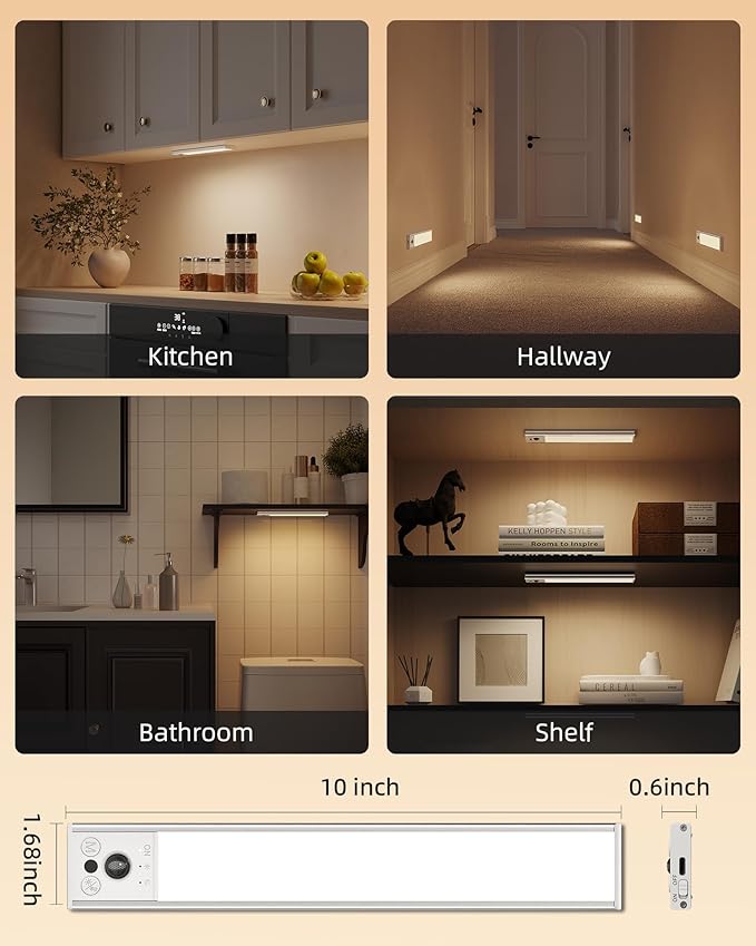 EZVALO 10inch Under Cabinet Lighting, Rechargeable Motion Sensor Light Indoor with 3 Color Temperatures, Dimmable & Magnetic Closet Lights, Wireless Under Counter Lights for Kitchen, Stairs (2 Pack)