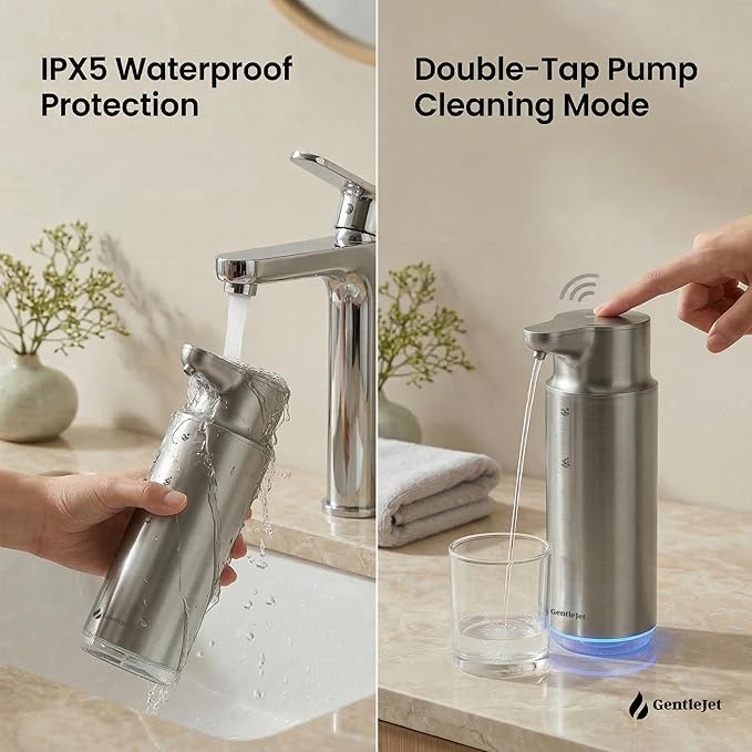 GentleJet CrystalJet Automatic Liquid Soap Dispenser Touchless Sensor, Stainless Steel, USB-C Rechargeable, Waterproof Kitchen & Bathroom Countertop Soap Dispenser, 300 ml