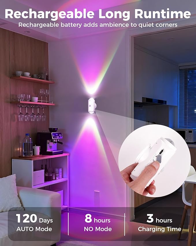 Motion Sensor Wall Light, Rechargeable Peel and Stick on Sconce Set of 2, Wireless No Drill RGB Wall Lamps, Magnetic Battery Operated Indoor Lighting for Hallway, Stairs, Bedroom, Bathroom, Bar Decor