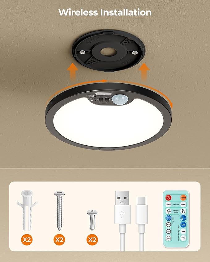 BLNAN Rechargeable Shower Light Indoor, 7000mAh Motion Sensor Wireless Ceiling Light with Remote, Battery Operated Ceiling Light, LED Overhead Lighting for Pantry Bathroom 1 Pack