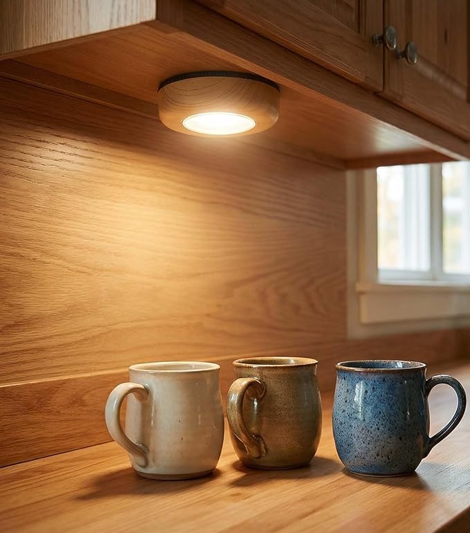 Wood Grain LED Puck Light, 6 Pack Wireless Tap Light Battery Operated, 6000K Daylight White Push Light for Under Cabinet, Closet, Wardrobe, Shelf