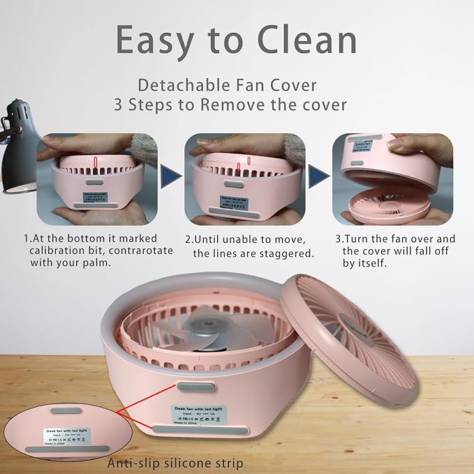 Digibond Pink Desk Fan, Small Quiet with Ambient Light/Hook Portable USB Fan 5.3in High Power 3000mAH Rechargeable Battery Operate 3 Speed 180°Rotated Easy Clean