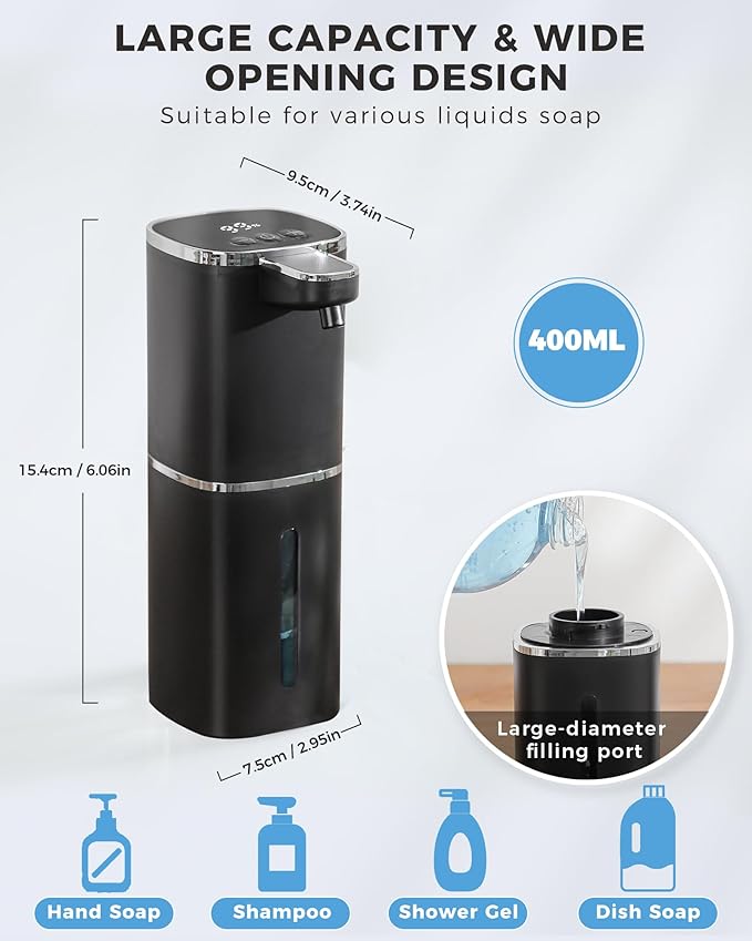 2 Pack Automatic Liquid Soap Dispenser, 13.5oz/400mL, USB Rechargeable, 9-Adjustable Liquid Levels, IPX5 Waterproof, Touchless & Wall/Tabletop Use for Kitchen Bathroom, Black